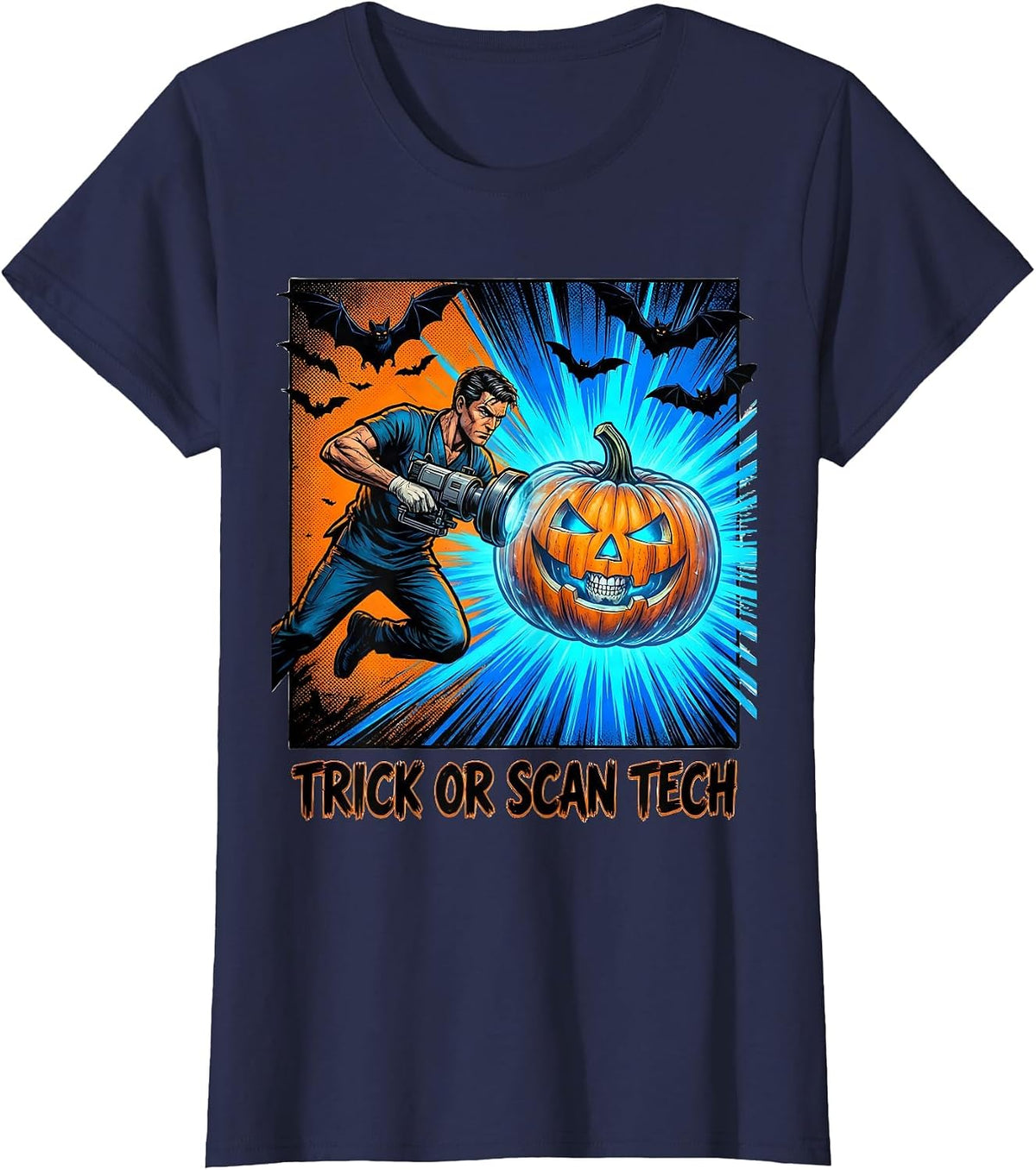 Women's Trick Or Scan Tech Comic Book Radiologic Technologist T-Shirt - Navy Blue