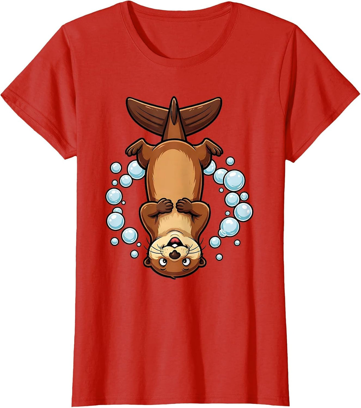 Otter Diving Into Dark Water Illustration T-Shirt - Red