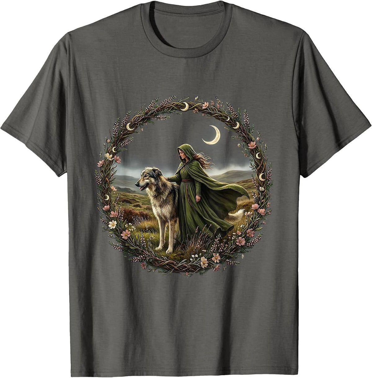 Irish Wolfhound and Moorland Companion Design T-Shirt - Asphalt Grey