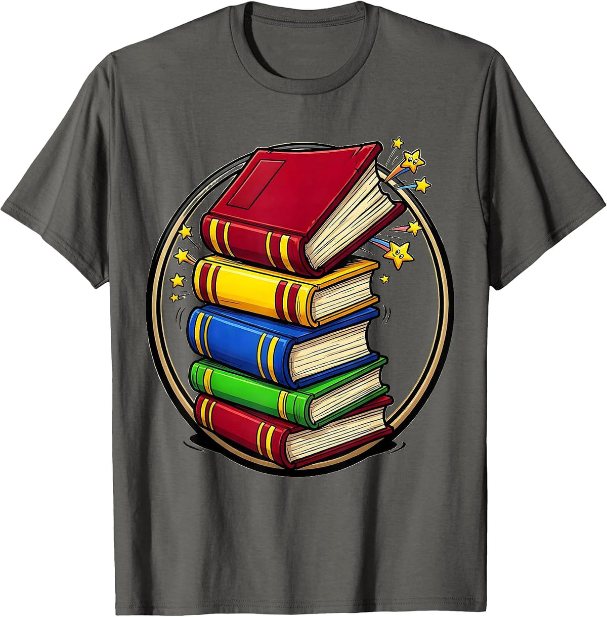 Preschool Teacher Stacked Colorful Books Graphic T-Shirt - Asphalt Grey
