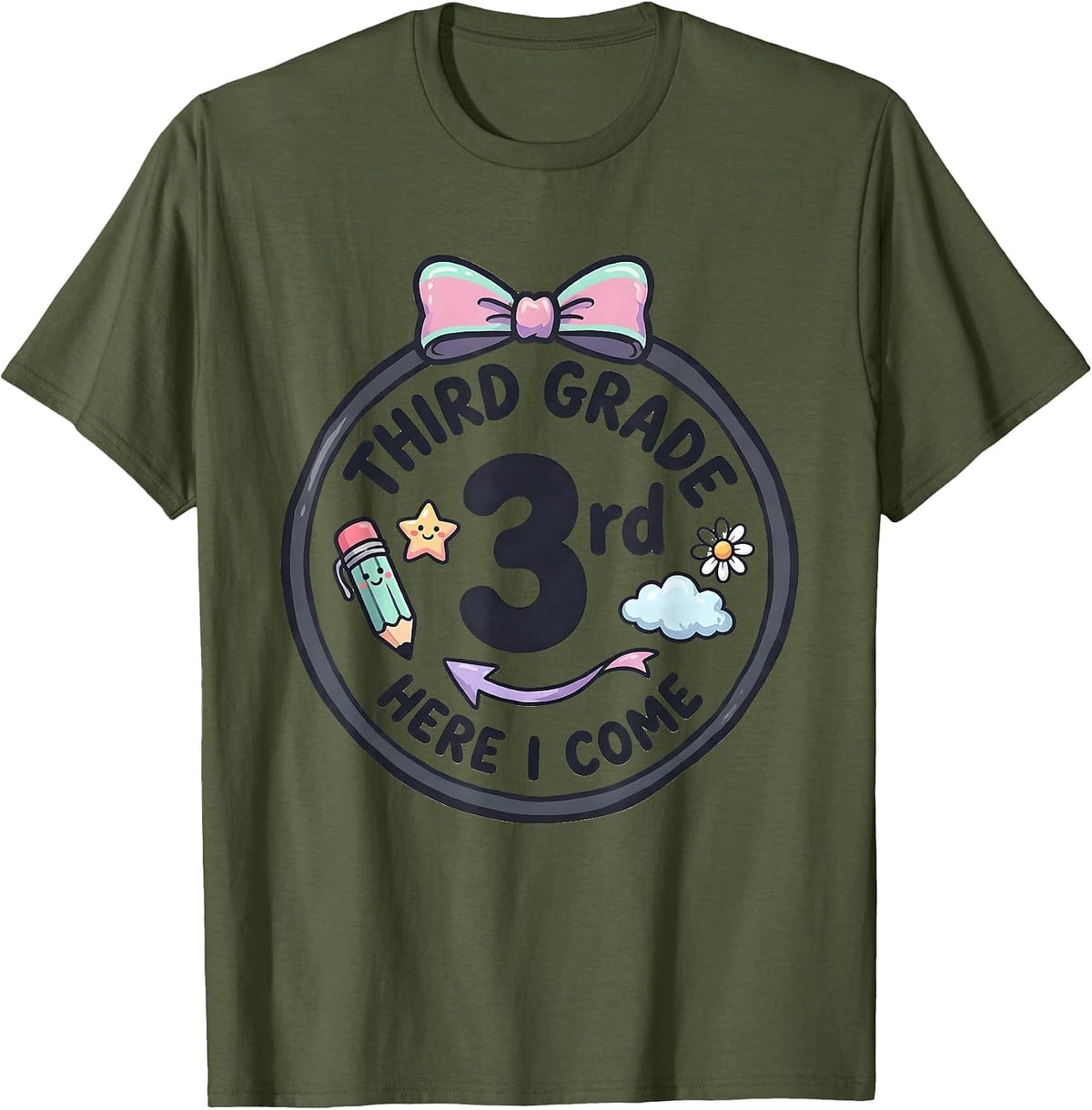 Third Grade Here I Come Kawaii Bow Back to School Girl T-Shirt - Olive Green