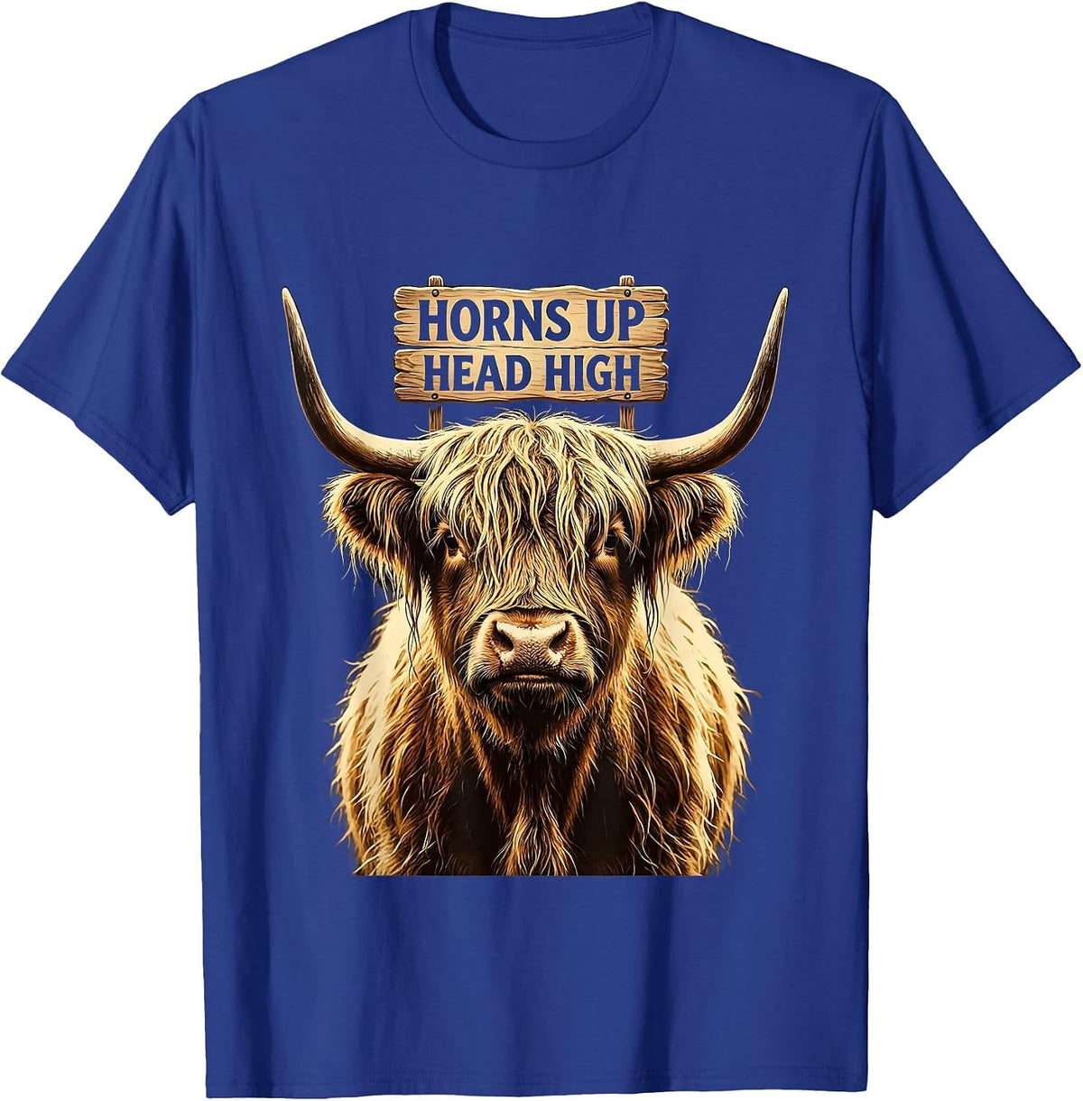 Men's Horns Up Head High Highland Cow Design T-Shirt - Royal Blue