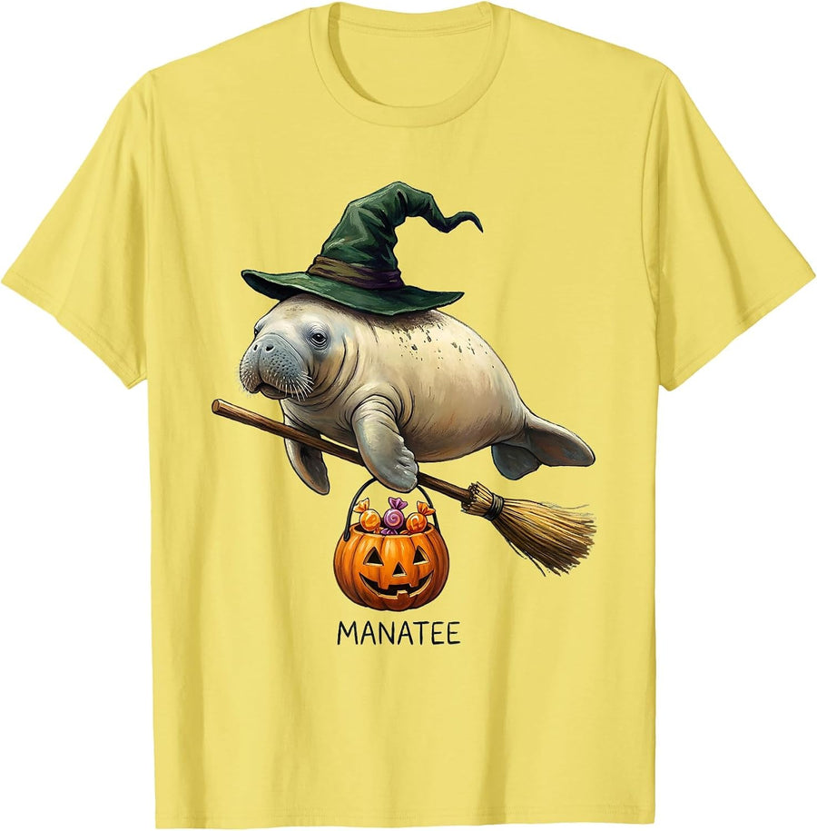 Men's Manatee Whimsical Storybook Halloween Witch Hat Animal T-Shirt - Lemon Yellow