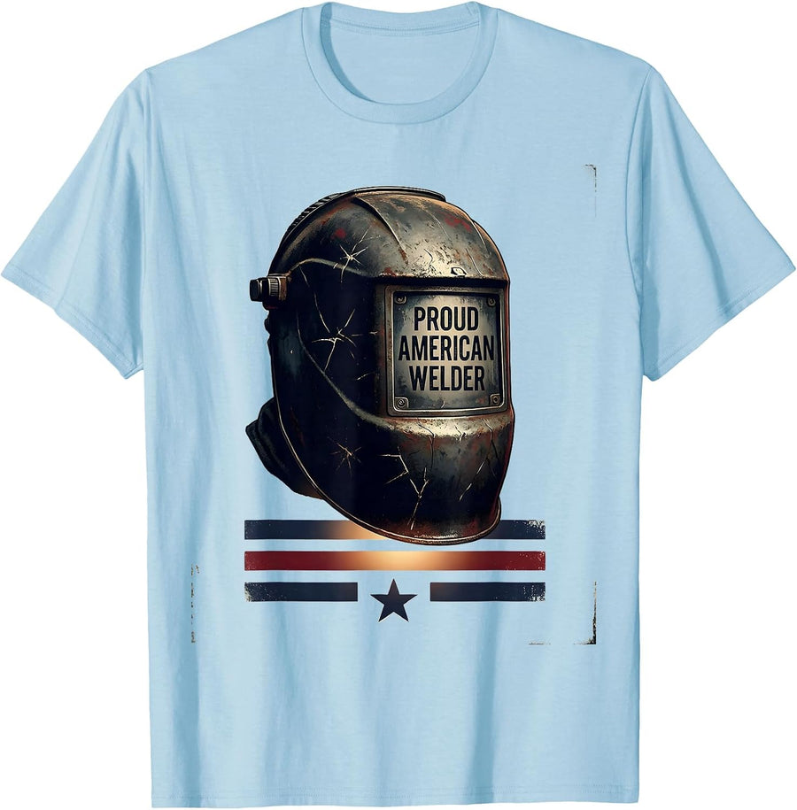 Men's Proud American Welder Distressed Patriotic Tradesman T-Shirt - Baby Blue