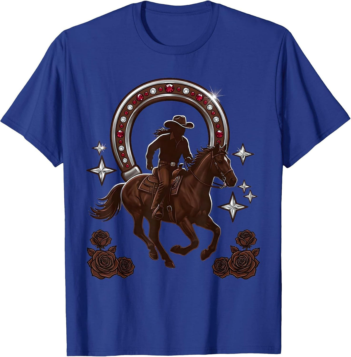 Texas Cowboy Silhouette Riding Horse at Sunset T-Shirt - Royal Blue