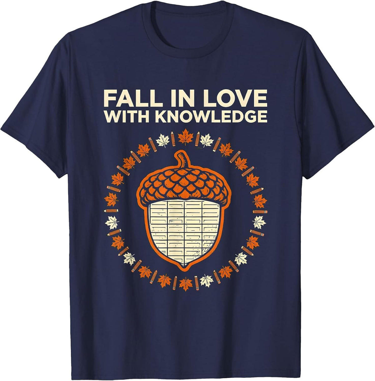 Men's Fall In Love With Knowledge Retro Teacher Autumn Halloween T-Shirt - Navy Blue