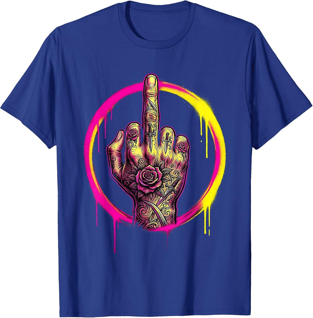 Men's Ornate Tattoo Middle Finger Graphic Design T-Shirt - Royal Blue