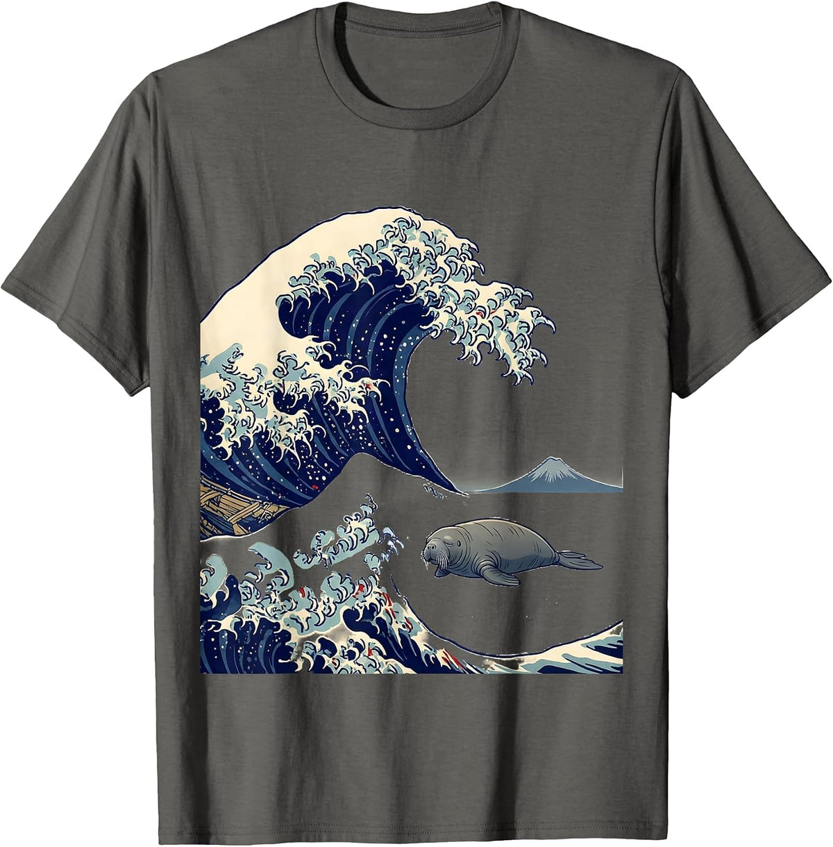 Great Wave Manatee Japanese Art Animal Meme Humor T-Shirt - Asphalt Grey