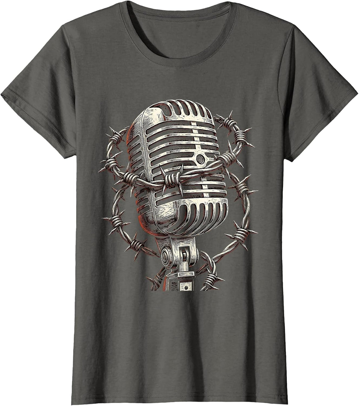 Women's Barbed Wire Microphone Grunge Illustration T-Shirt - Asphalt Grey