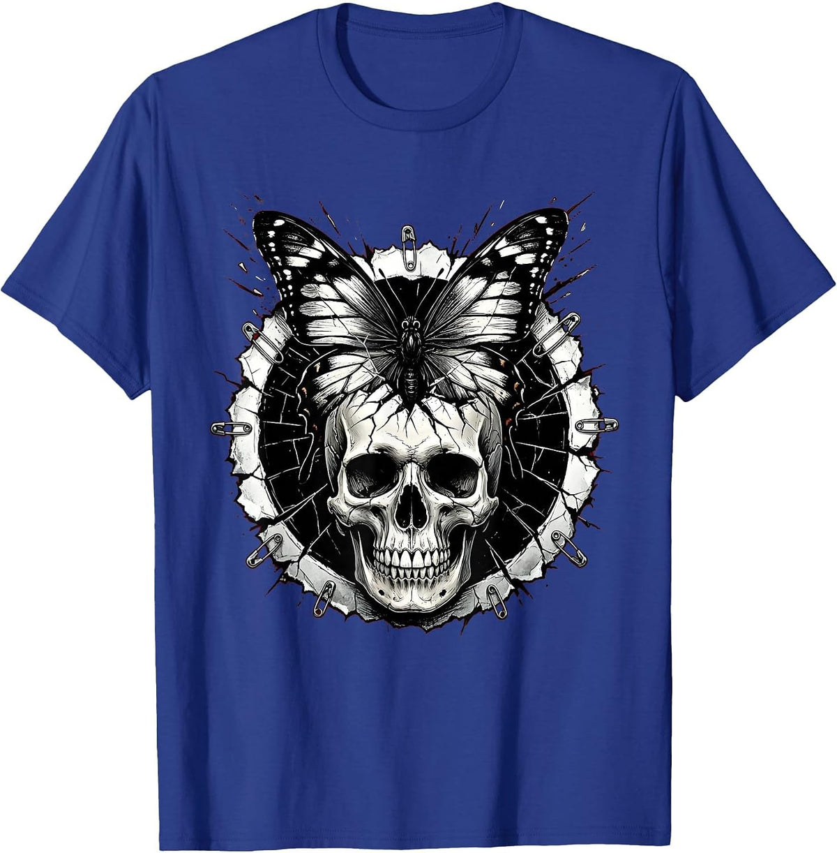 Black Butterfly Cracked Skull Emo Dark Art T-Shirt - Royal Blue