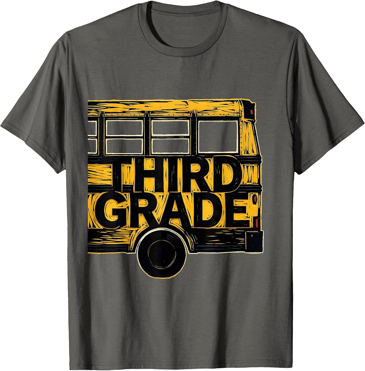 Third Grade Linocut School Bus Teacher Student First Day T-Shirt - Asphalt Grey
