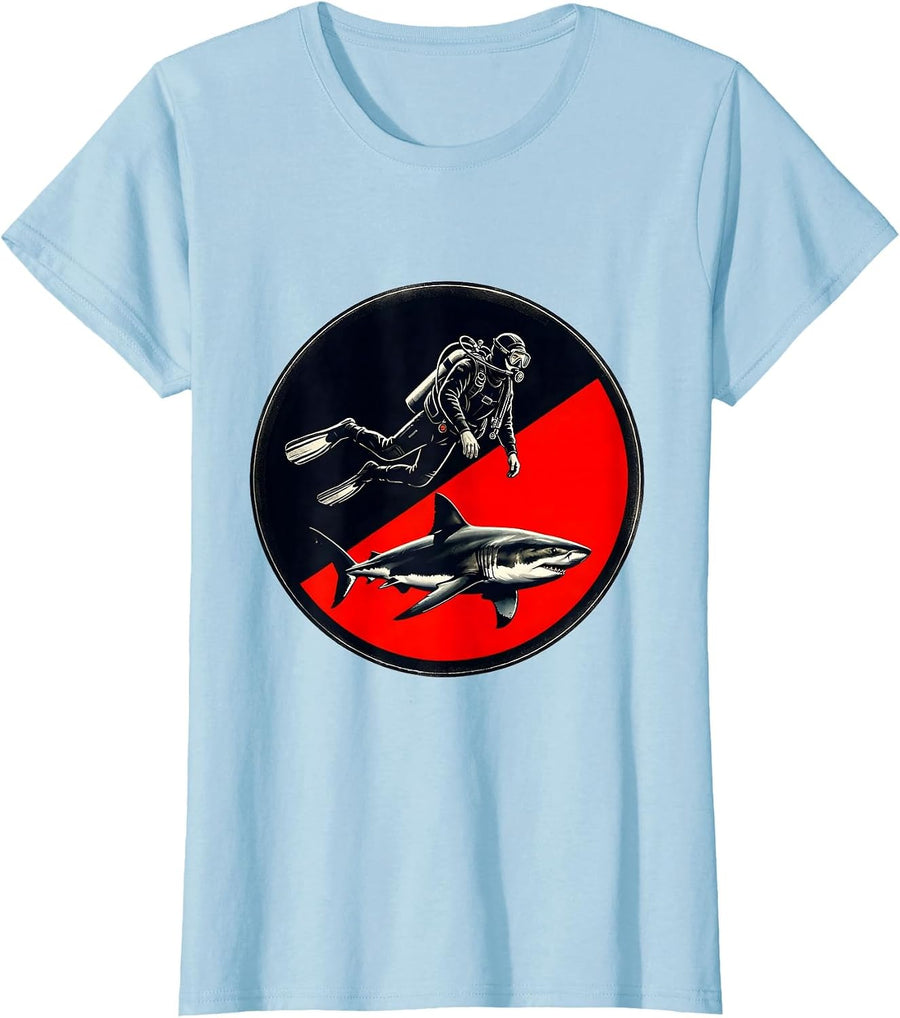 Women's Diver Shark Screenprint Poster Scuba Diving Humor T-Shirt - Baby Blue