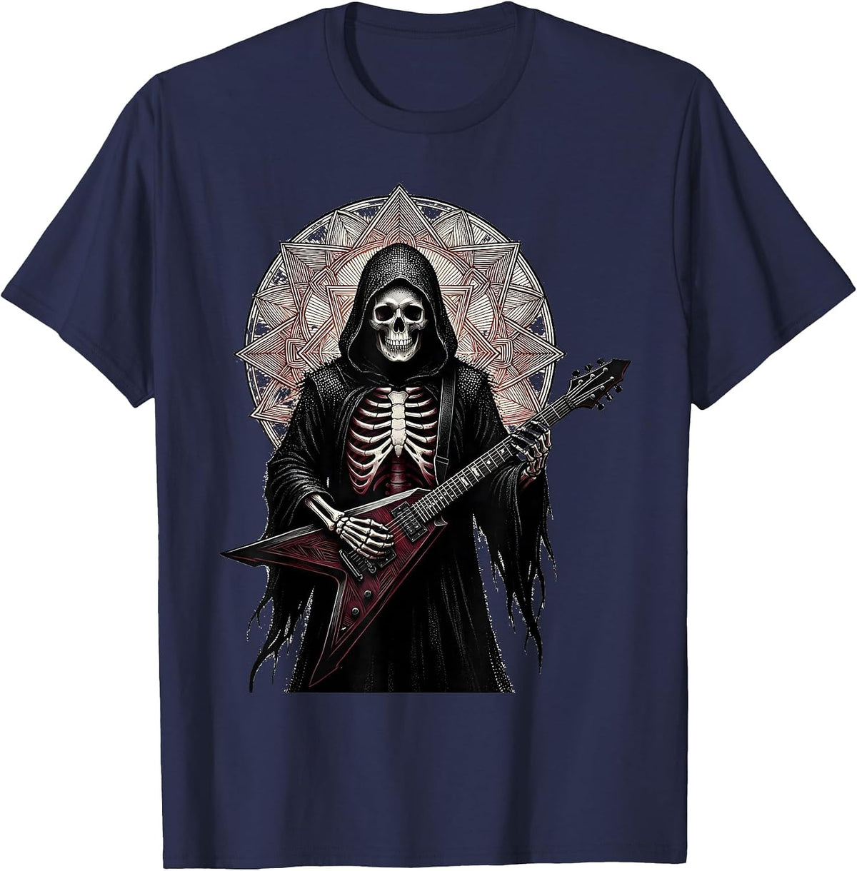 Grim Reaper Guitarist Heavy Metal Graphic T-Shirt - Navy Blue