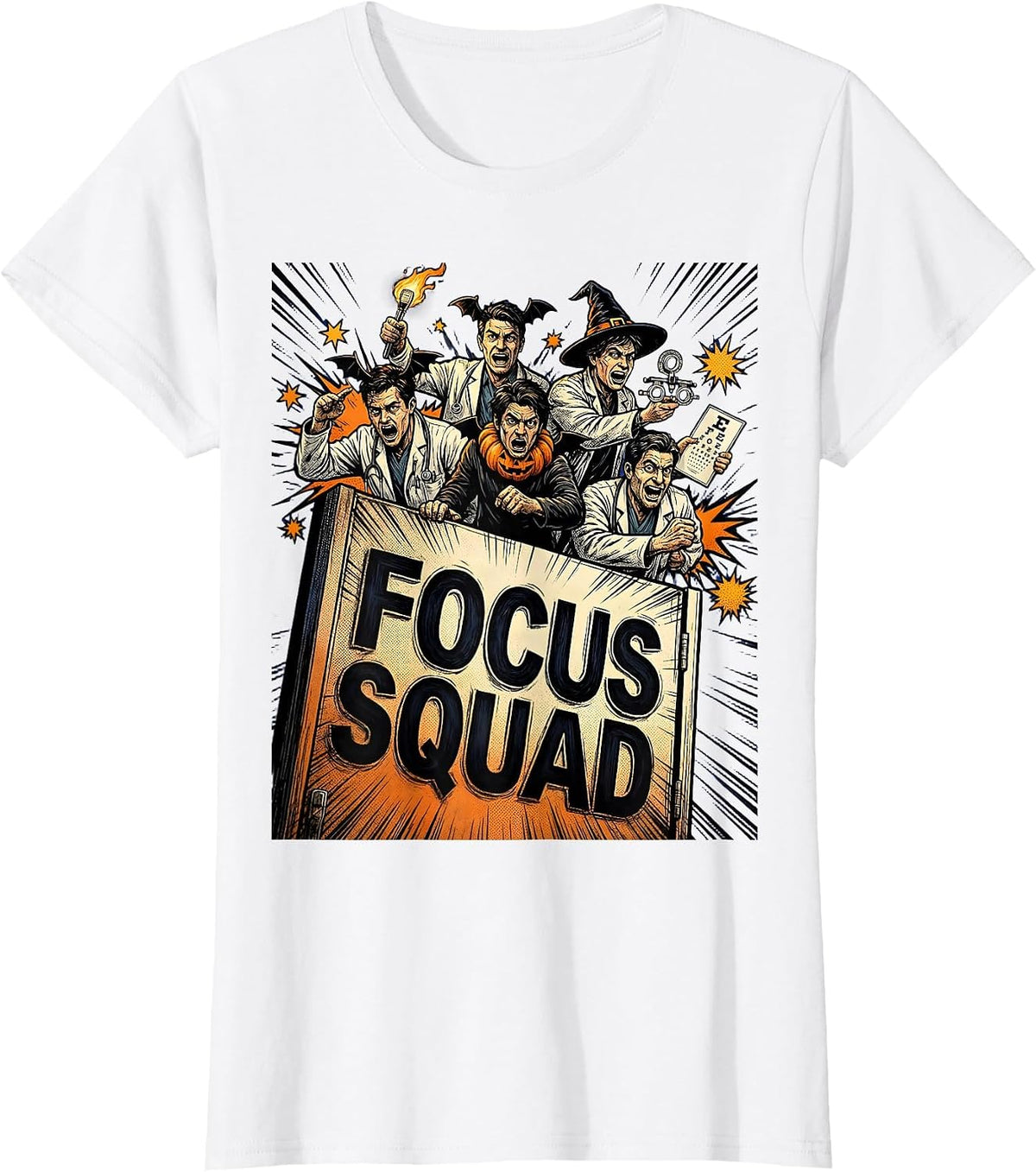 Focus Squad Comic Book Halloween Optometrist Eye Doctor T-Shirt - White