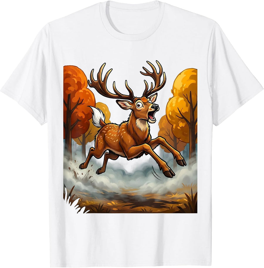 Buck Deer Bolting Through Foggy Autumn Woods T-Shirt - White