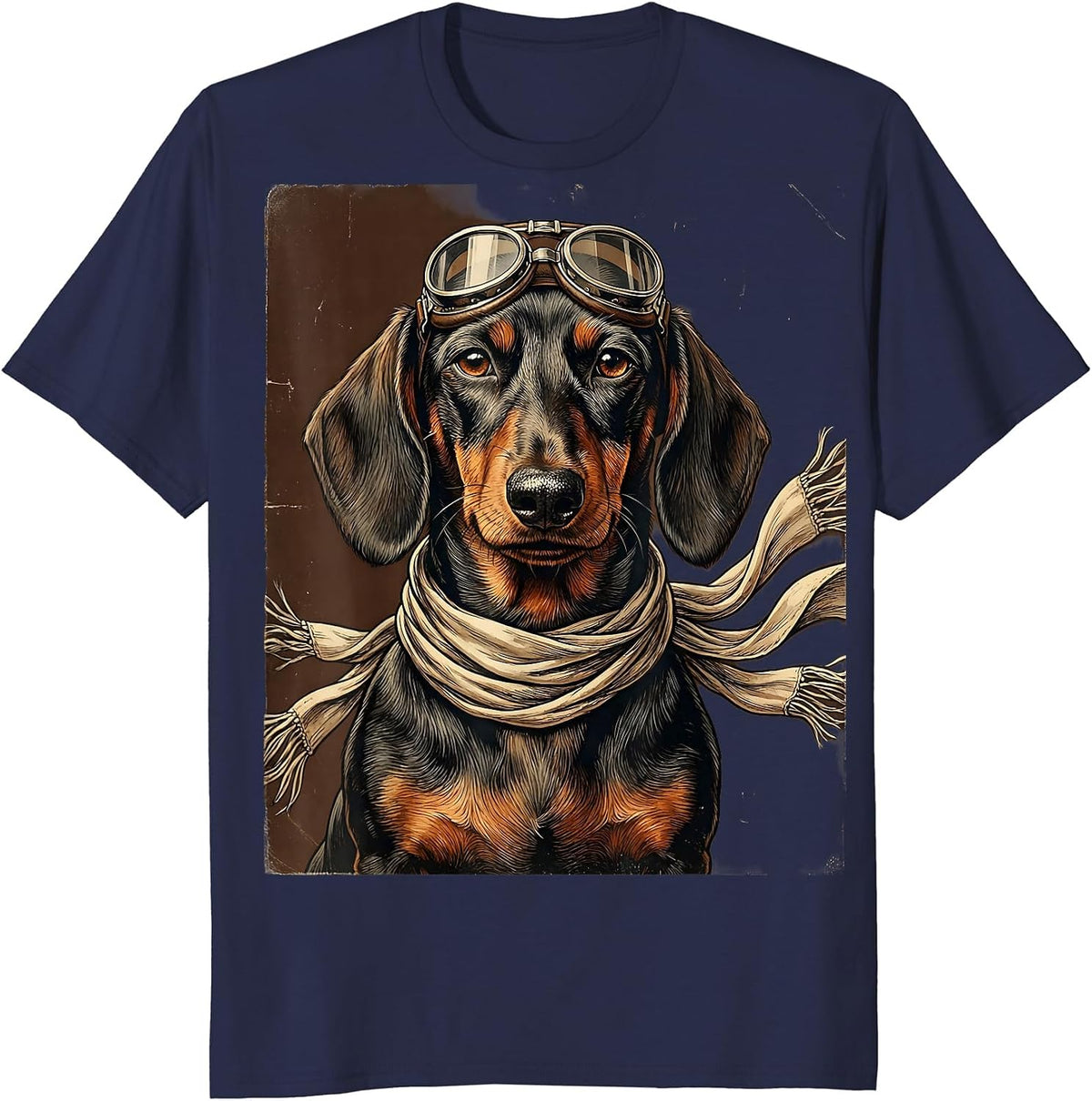 Men's Dachshund Aviator Pilot Goggles and Scarf Design T-Shirt - Navy Blue