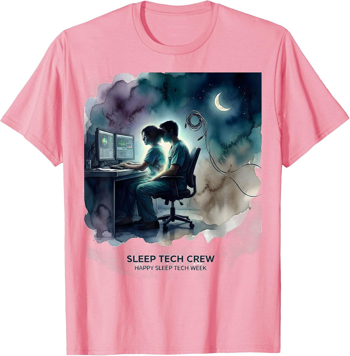 Sleep Tech Crew Happy Sleep Tech Week Watercolor Healthcare T-Shirt - Pink