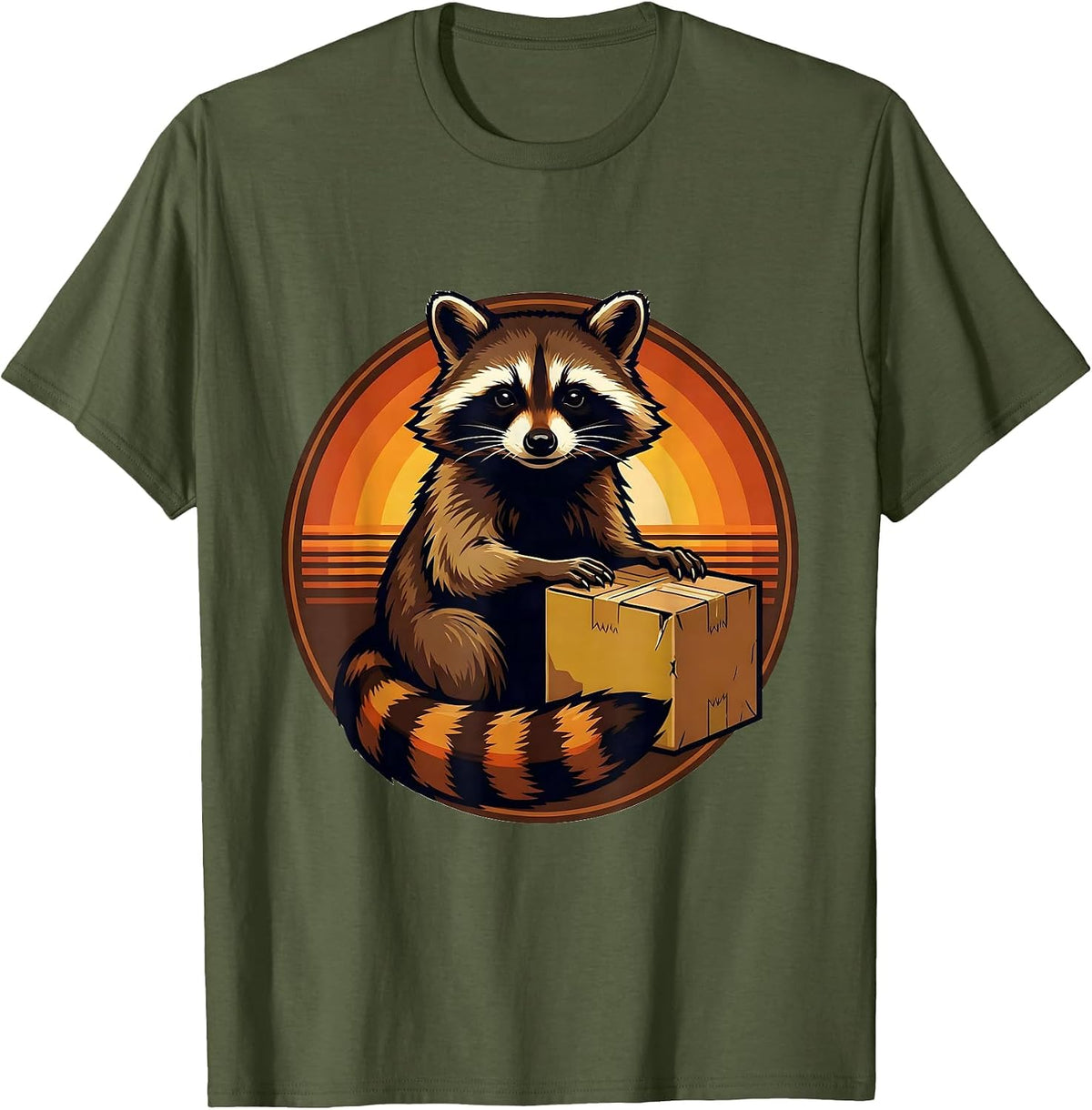 Retro 70s Raccoon Badge Night Crew Trash Panda Meme T-Shirt - Olive Green