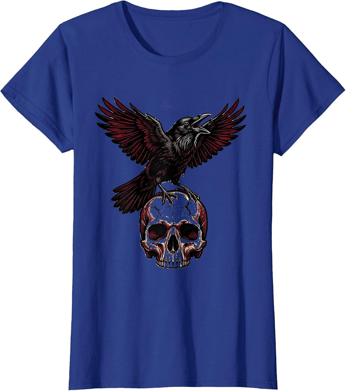 Women's Crow on Cracked Skull Heavy Metal Graphic T-Shirt - Royal Blue