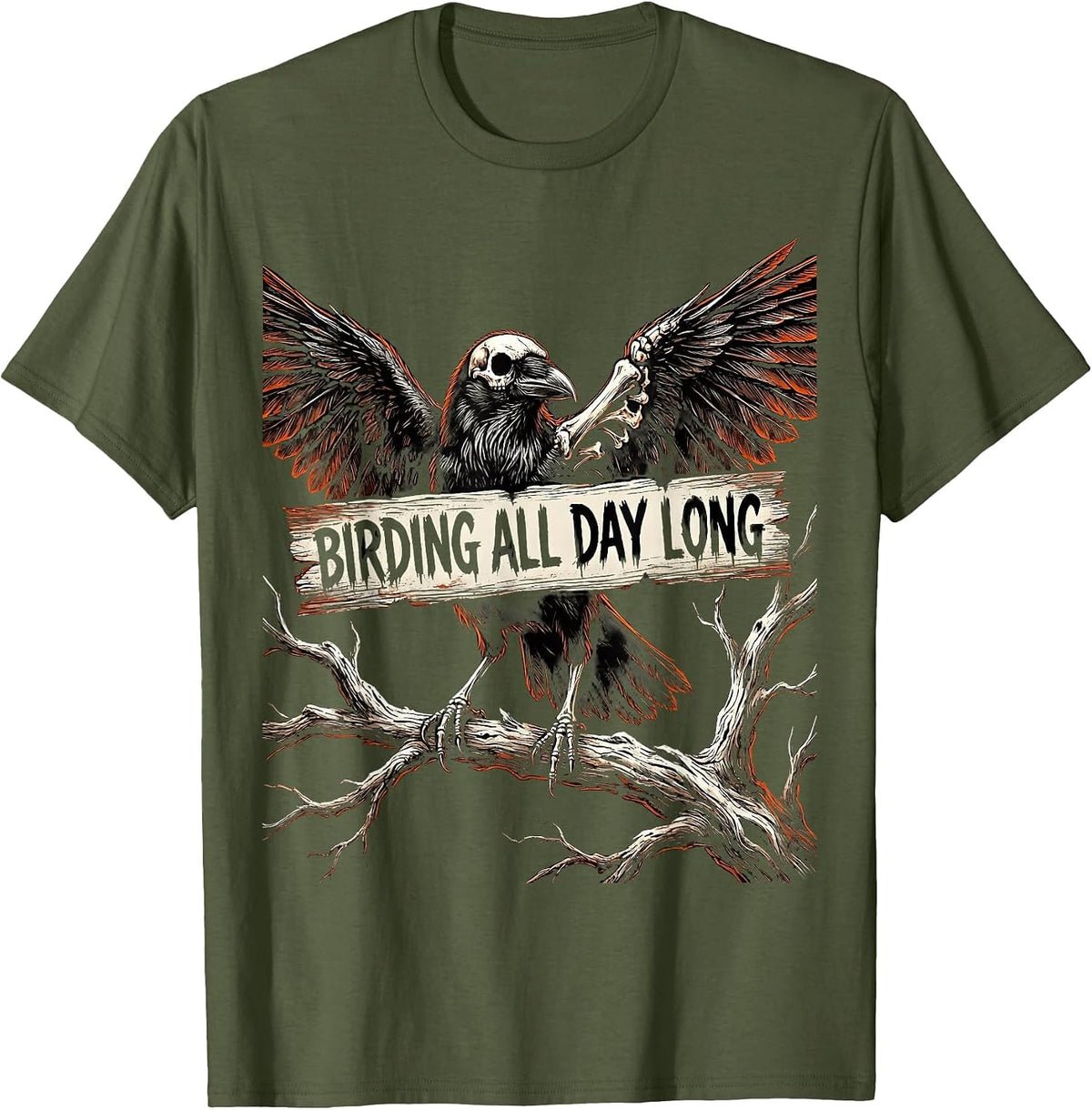 Birding All Day Long Bird Watcher Design T-Shirt - Olive Green