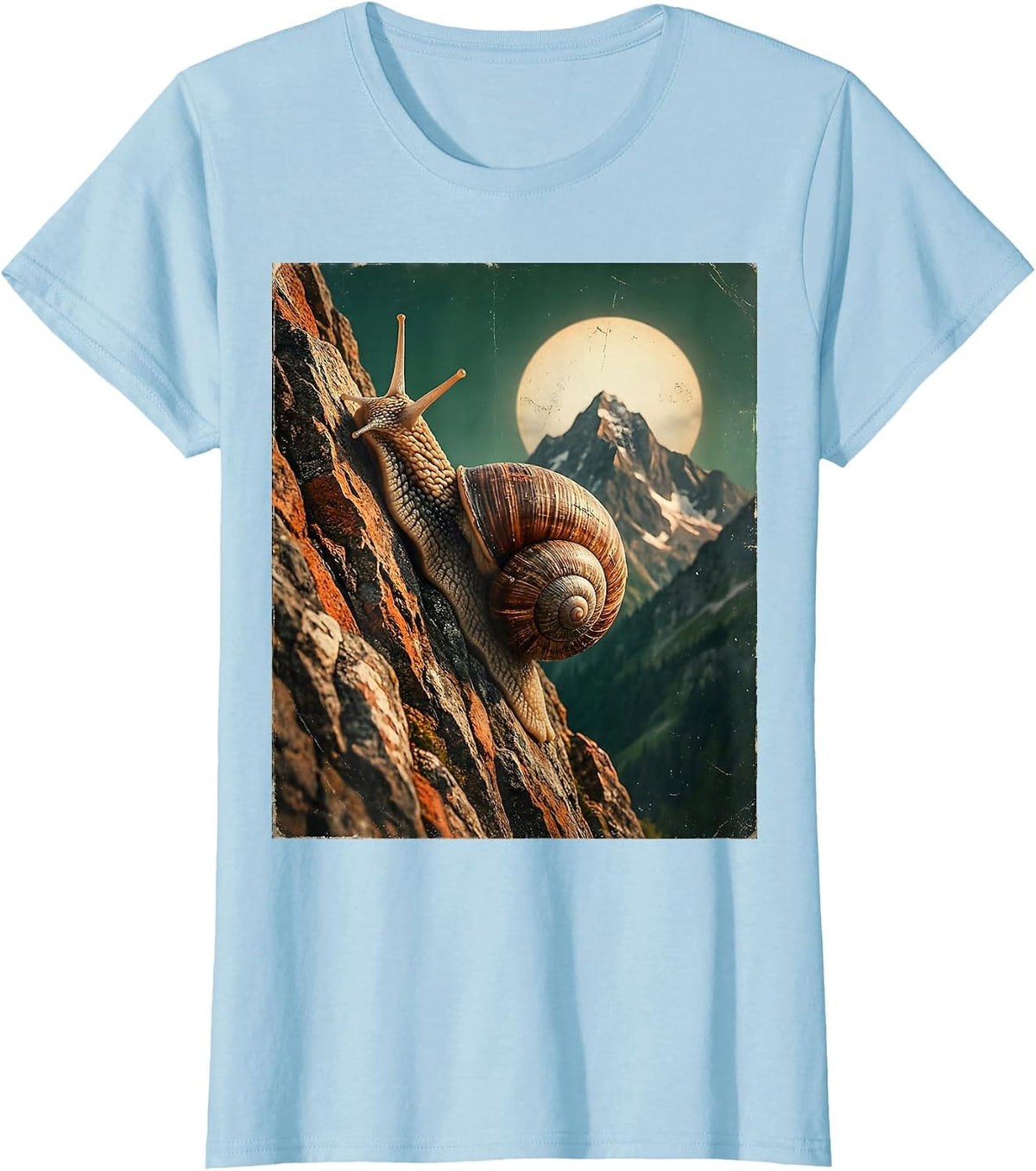 Snail Climbing Steep Mountain Funny Graphic T-Shirt - Baby Blue