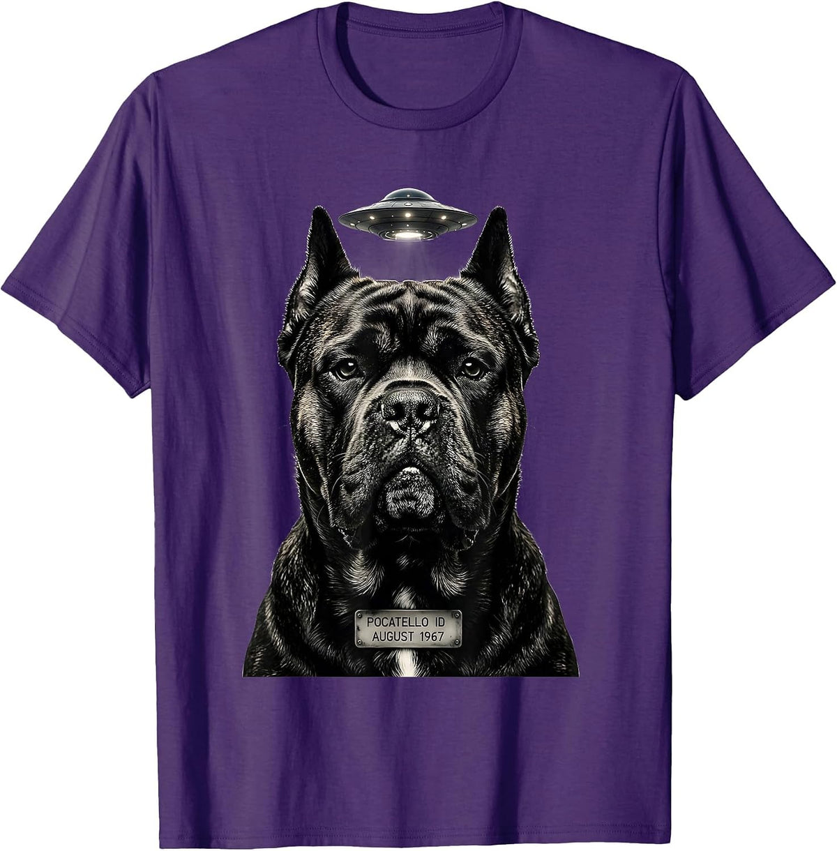 Men's Pocatello ID August 1967 Funny Cane Corso UFO Selfie T-Shirt - Purple