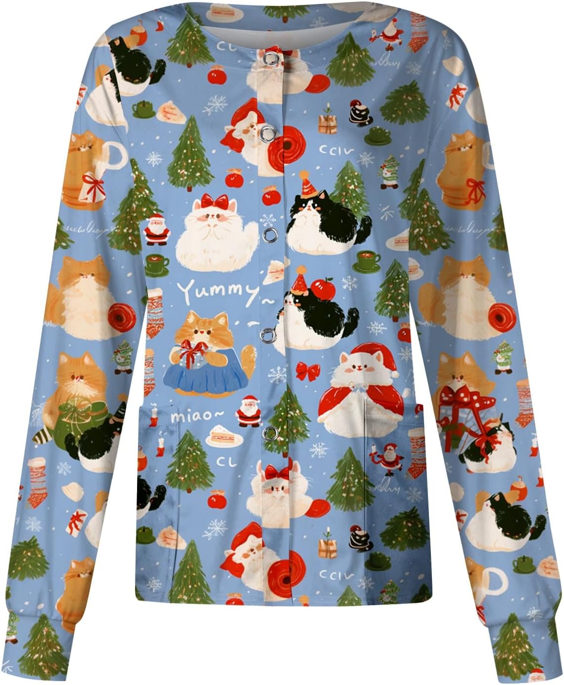 Scrubs for Women Christmas Scrub Jacket Long Sleeve Snap Front Work Uniform - 26ch02-sky Blue