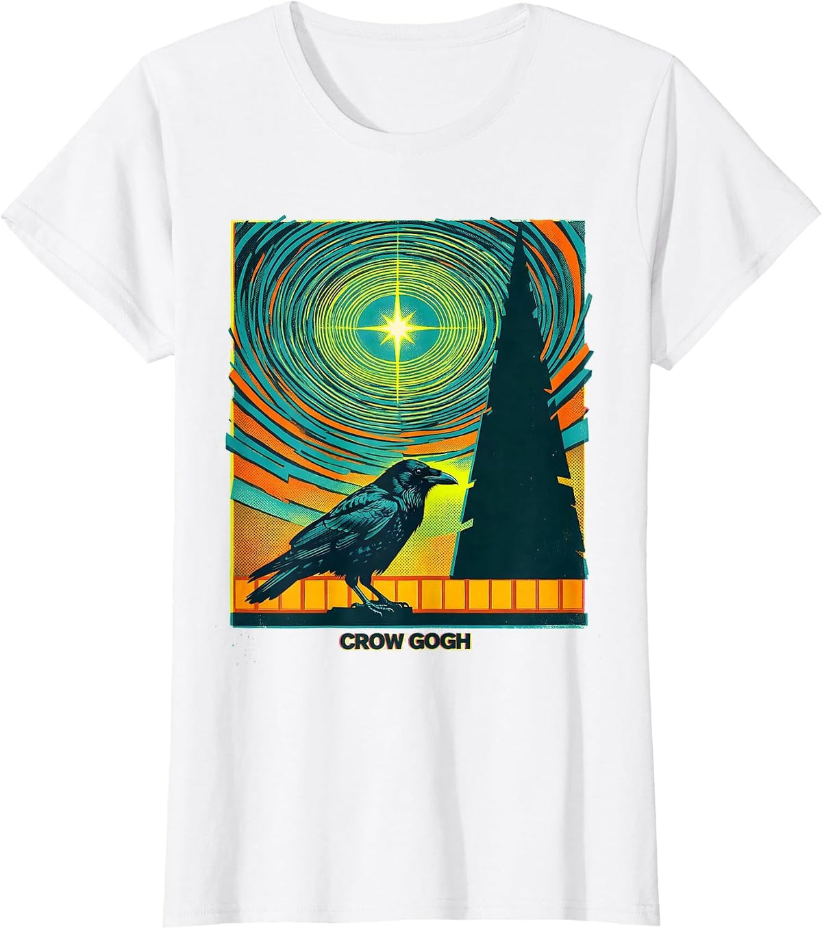 Crow Gogh Risograph Art Lover Bird Enthusiast Gift T-Shirt - White