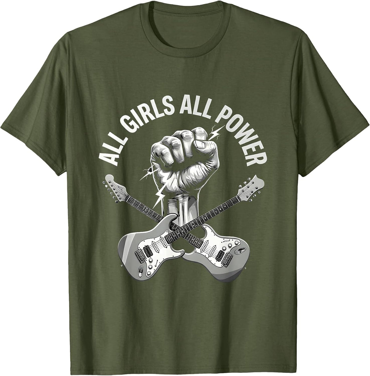 All Girls All Power Rock Band Graphic Design T-Shirt - Olive Green