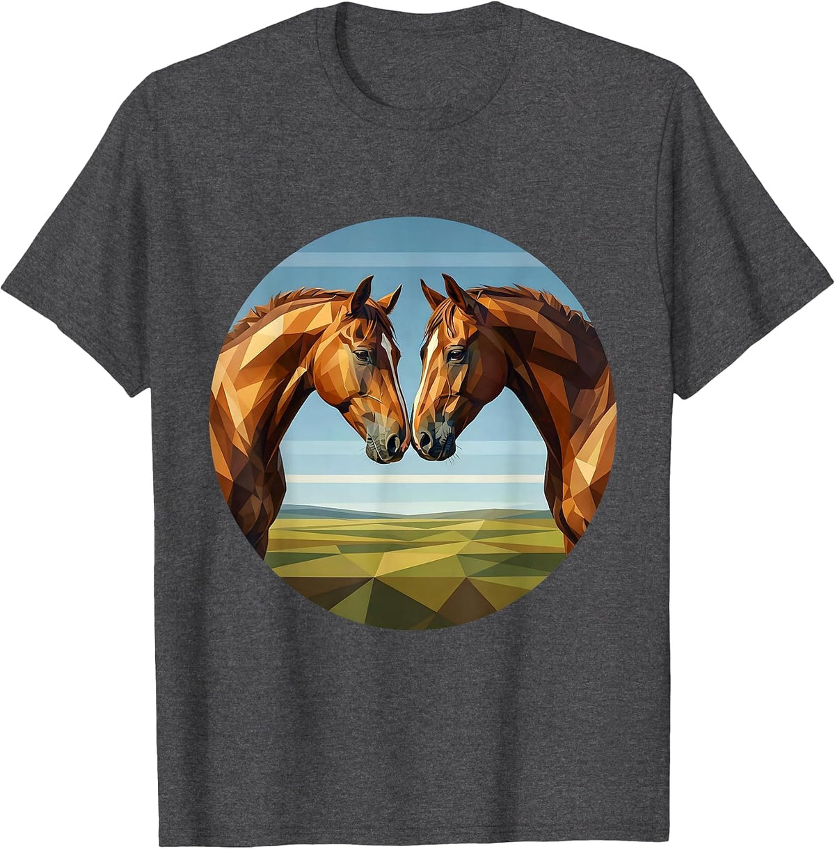 Two Horses Touching Noses Sweet Equine Art T-Shirt - Dark Heather Grey