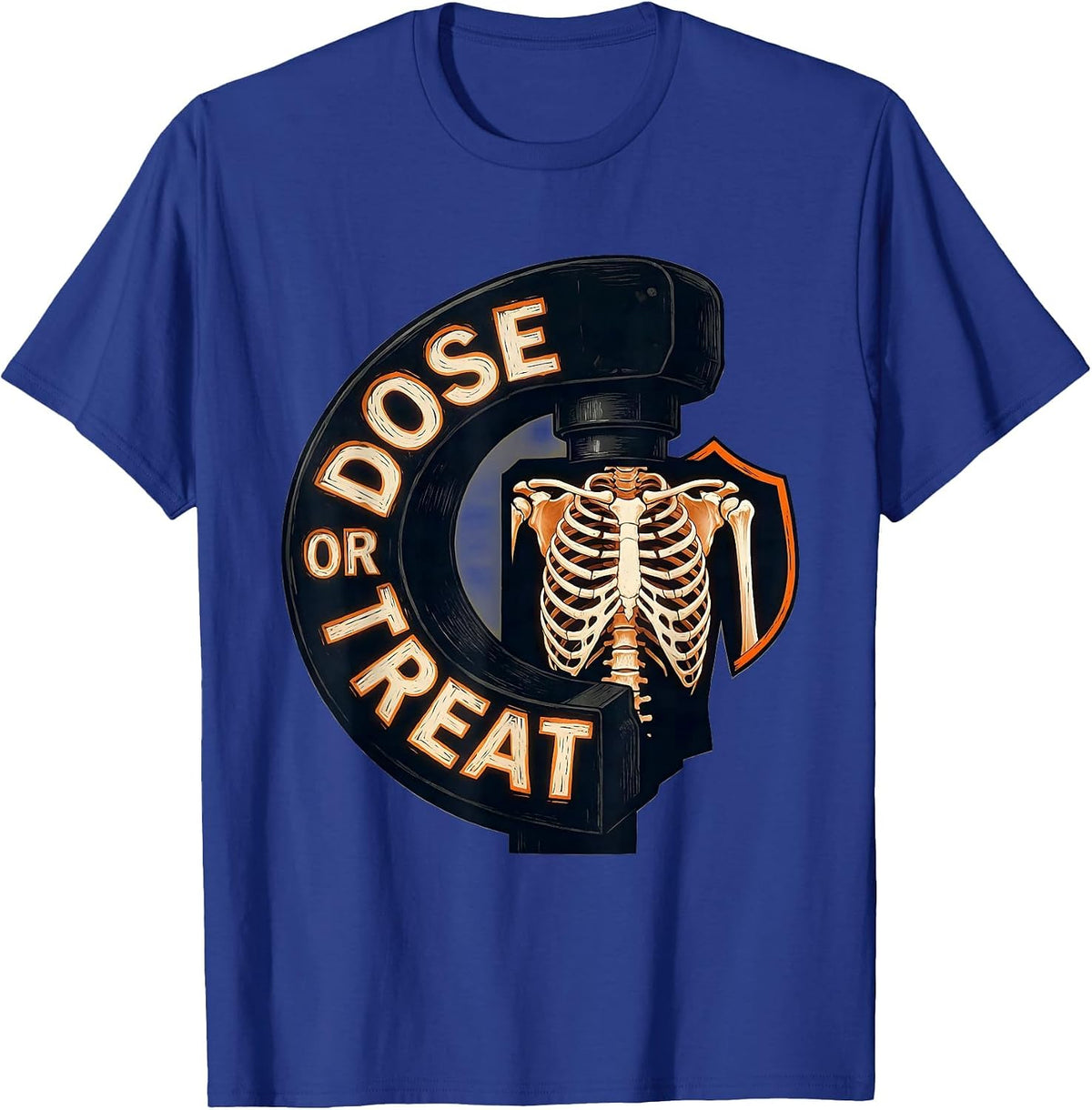 Dose Or Treat Linocut Radiology Tech Halloween Workplace T-Shirt - Royal Blue