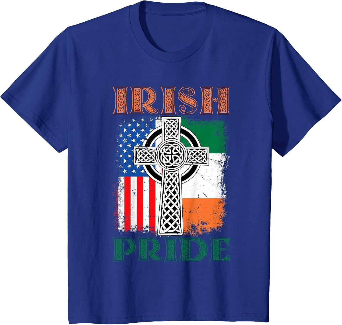 Irish Pride Celtic Cross Ireland & USA Flag St Patricks Day T-Shirt - Royal Blue