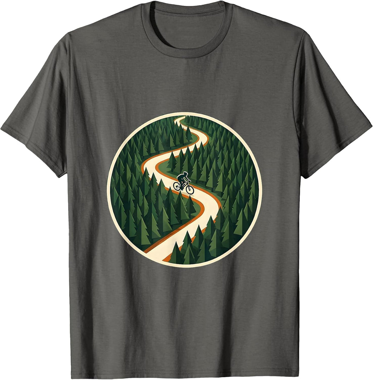 Aerial Forest Cyclist Winding Path Bike Design T-Shirt - Asphalt Grey