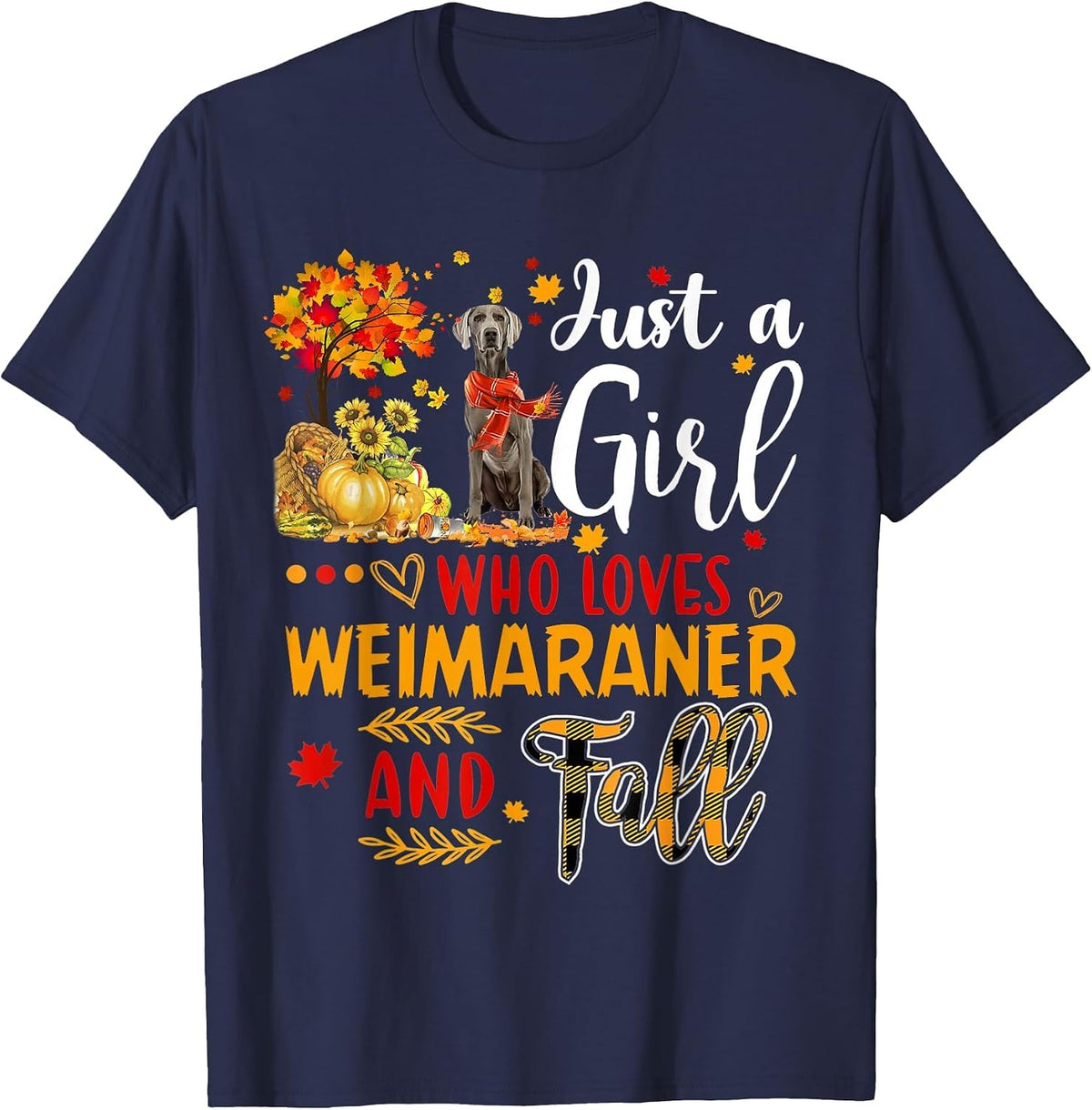Autumn Tree Weimaraner Thanksgiving Pumpkin Dog Fall Leaf T-Shirt - Navy Blue