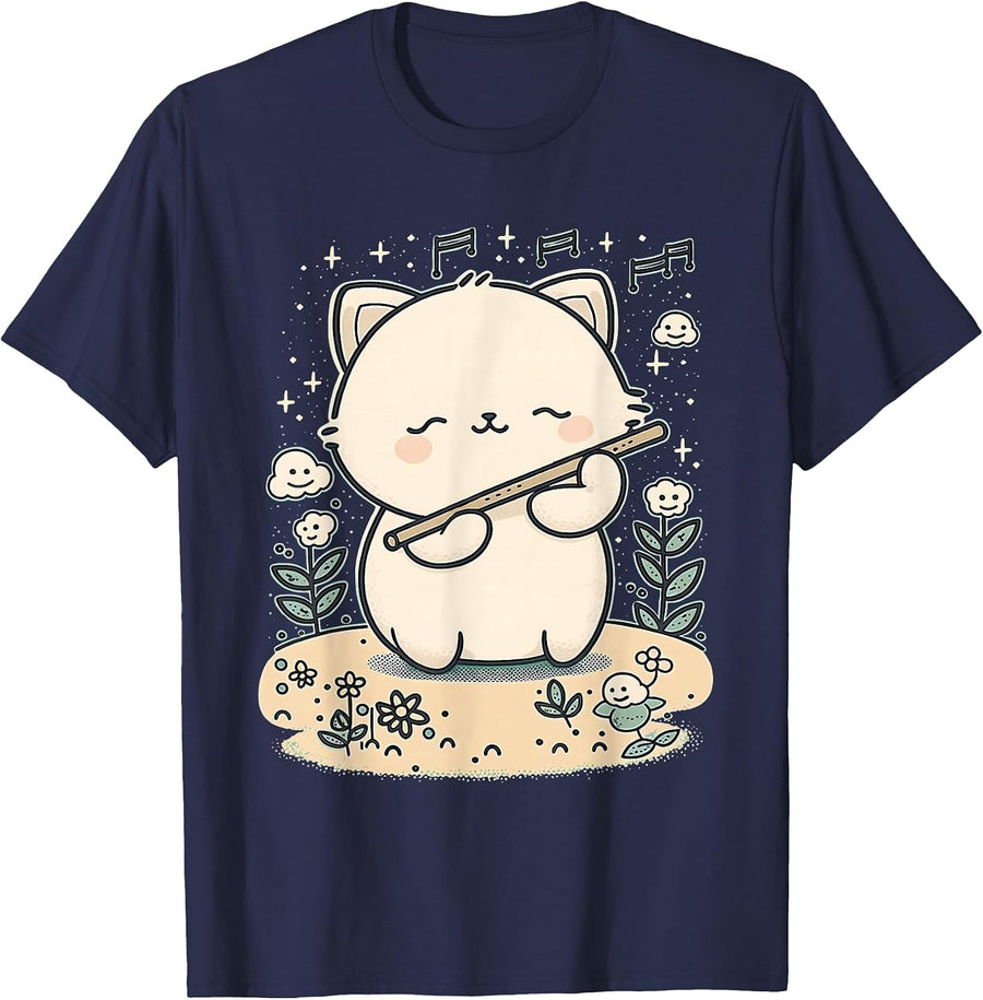 Cute Cat Playing Flute Kawaii Funny Cat T-Shirt - Navy Blue