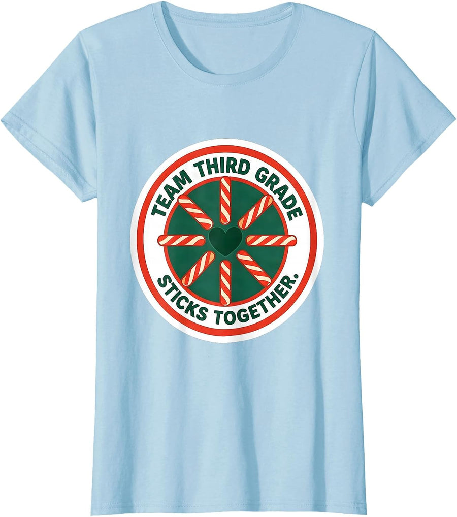 Women's Team Third Grade Sticks Together Christmas Candy Cane T-Shirt - Baby Blue