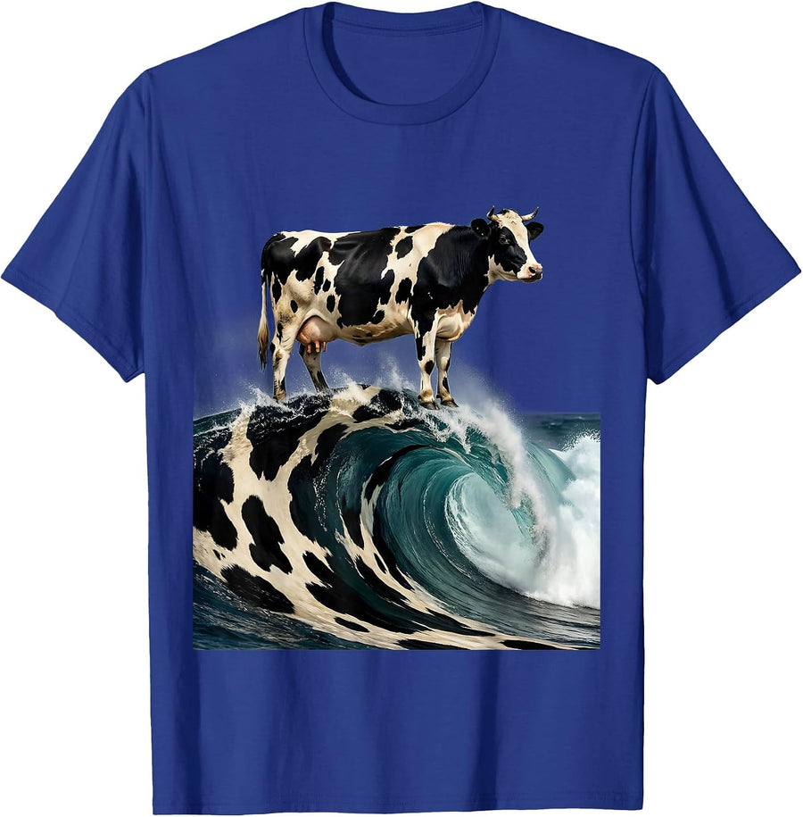 Cow Print Surfing Wave Graphic Tee T-Shirt - Royal Blue
