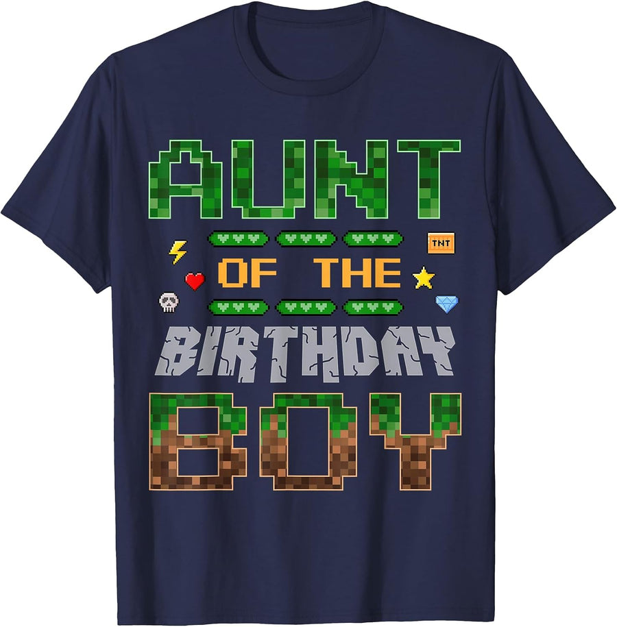 Aunt of the Birthday Boy Pixel Gamer Family Love T-Shirt - Navy Blue