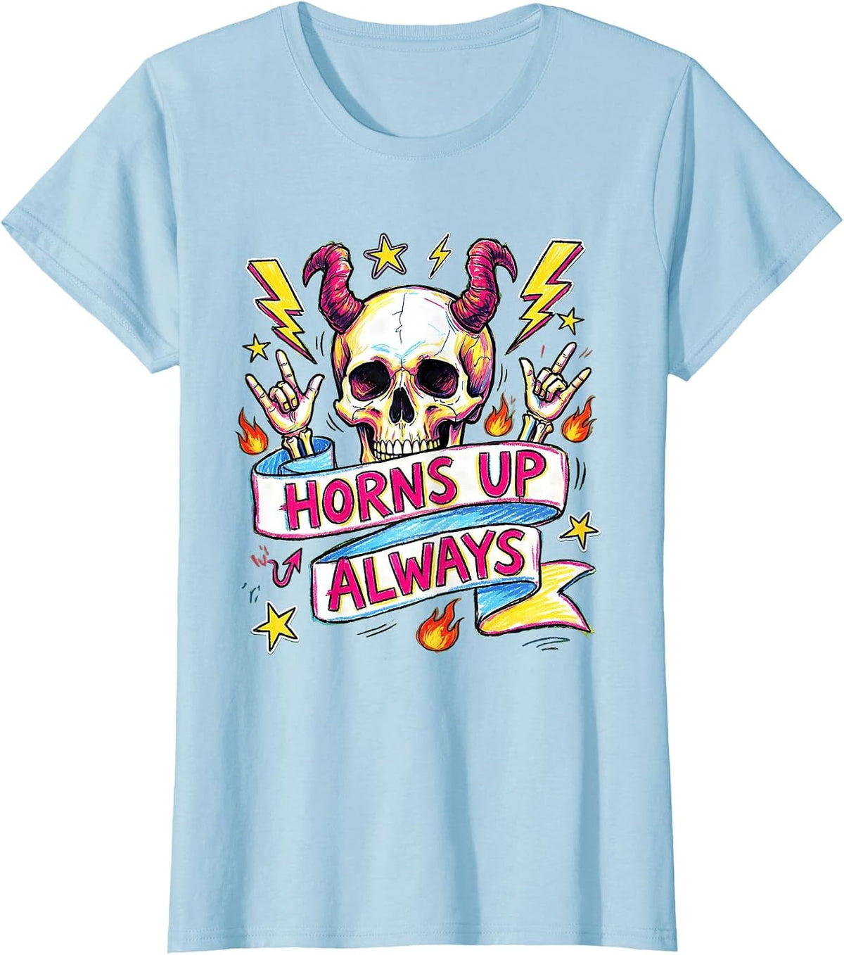 Women's Horns Up Always Heavy Metal Graphic Design T-Shirt - Baby Blue