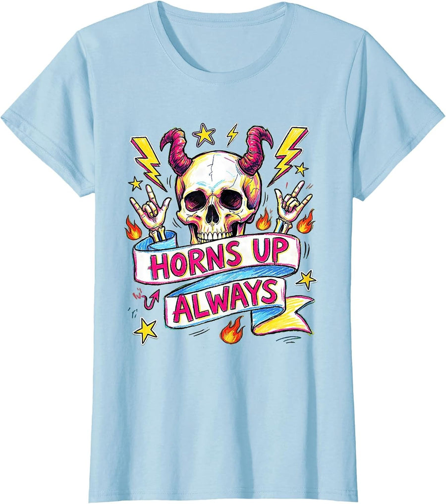 Women's Horns Up Always Heavy Metal Graphic Design T-Shirt - Baby Blue