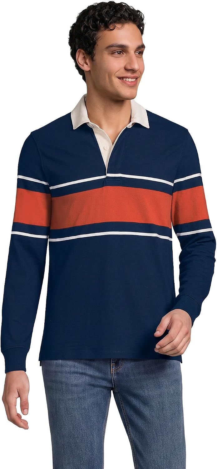 Lands' End Men's Long Sleeve Rugby - Navy\/Russet Clay Stripe