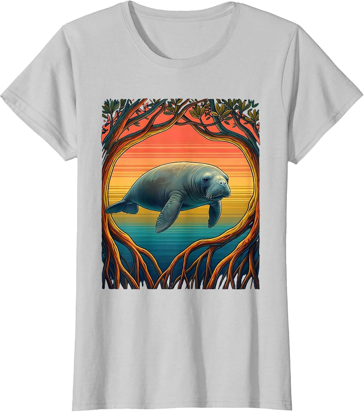 Puerto Rico Manatee Mangrove Roots Illustration T-Shirt - Silver Grey