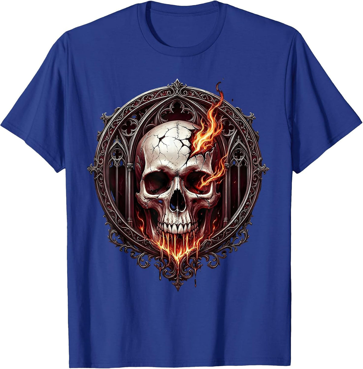 Cracked Skull Red Flames Dark Graphic Design T-Shirt - Royal Blue