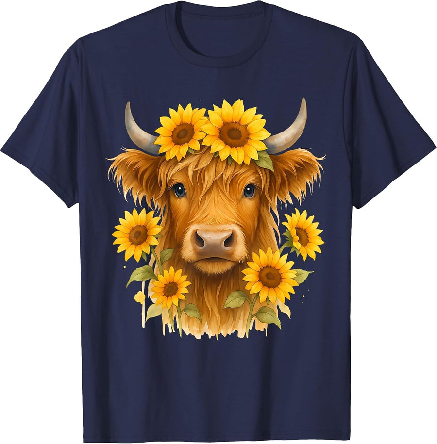 Scottish Highland Cow Sunflowers Heifer Country Farmer Girl T-Shirt - Navy Blue