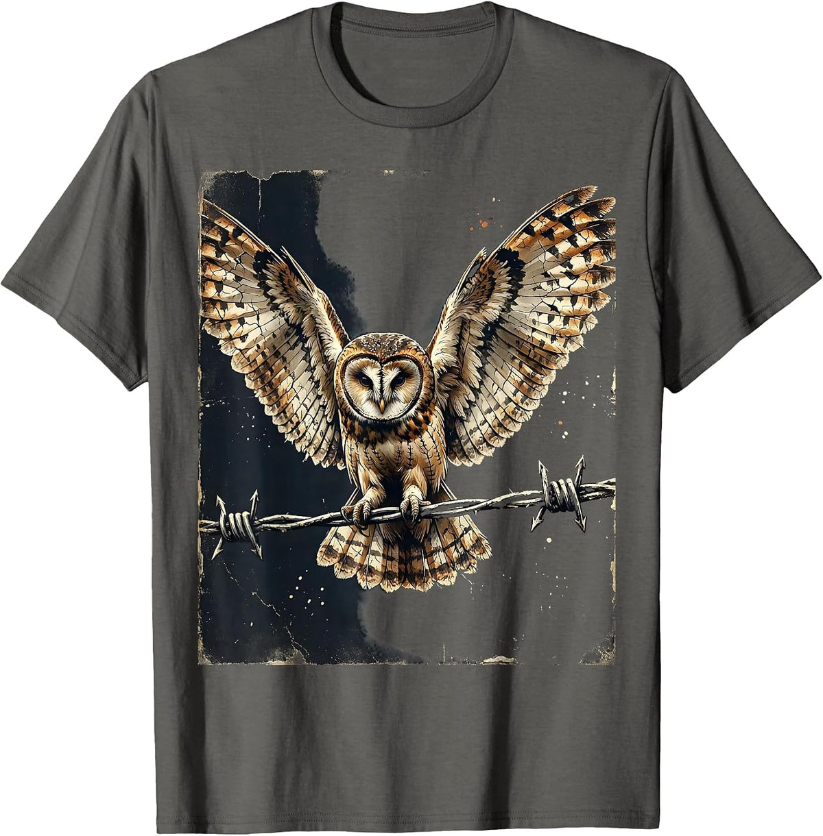 Barn Owl on Barbed Wire Fence Country Design T-Shirt - Asphalt Grey