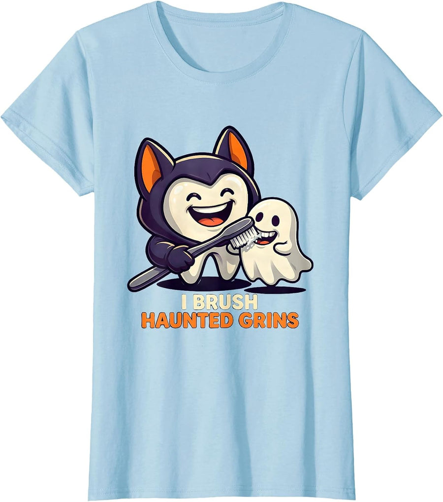 Women's I Brush Haunted Grins Funny Dentist Halloween Dental Costume T-Shirt - Baby Blue