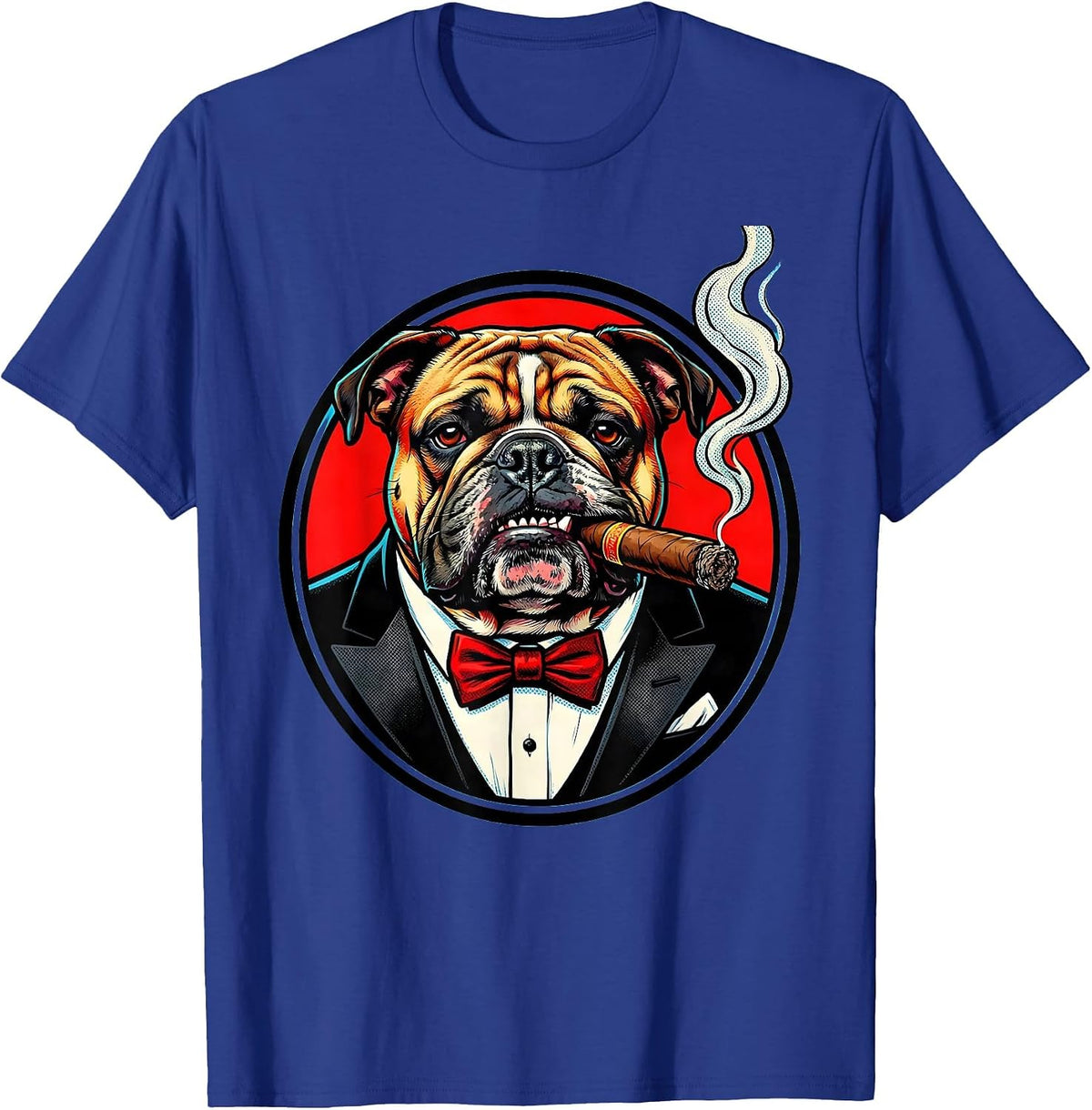 Bulldog in Tuxedo Cigar Chewing Graphic Design T-Shirt - Royal Blue