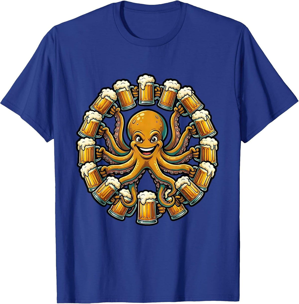 Octopus Beer Mug Holder Funny Drinking Design T-Shirt - Royal Blue