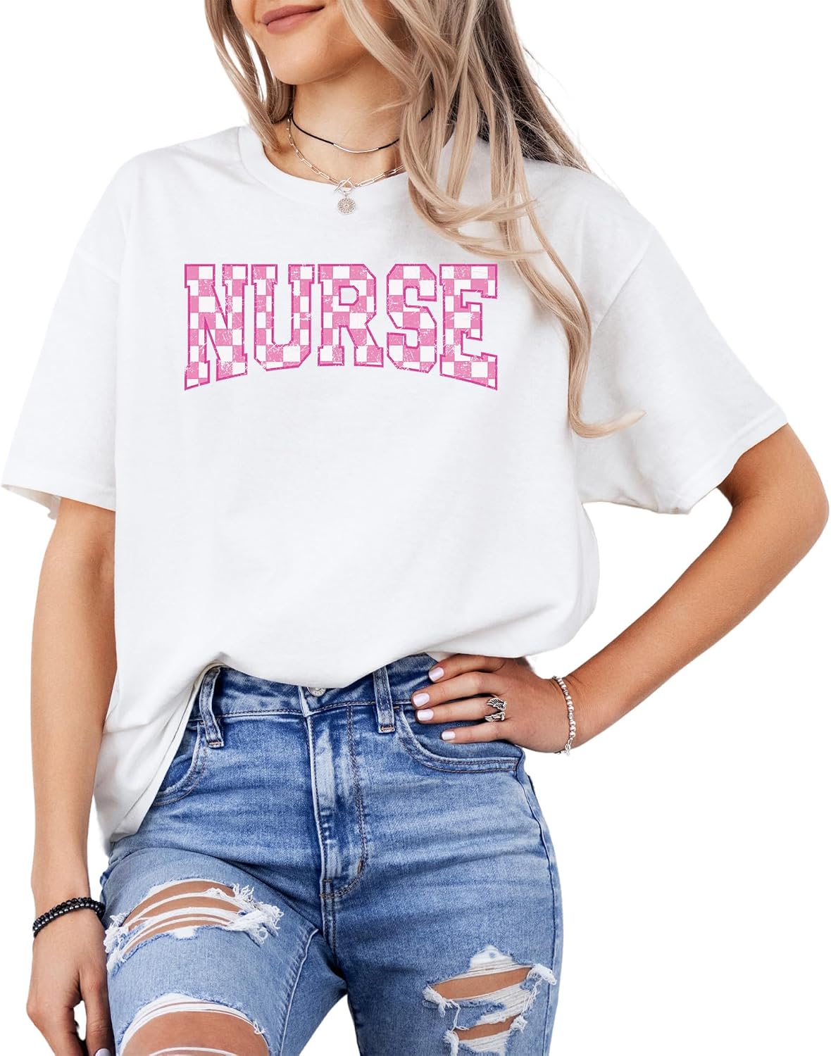 Nurse Checkerboard Graphic T-Shirt – Unisex Cotton Appreciation Tee – Cute Pink Letter Print Medical Top - White