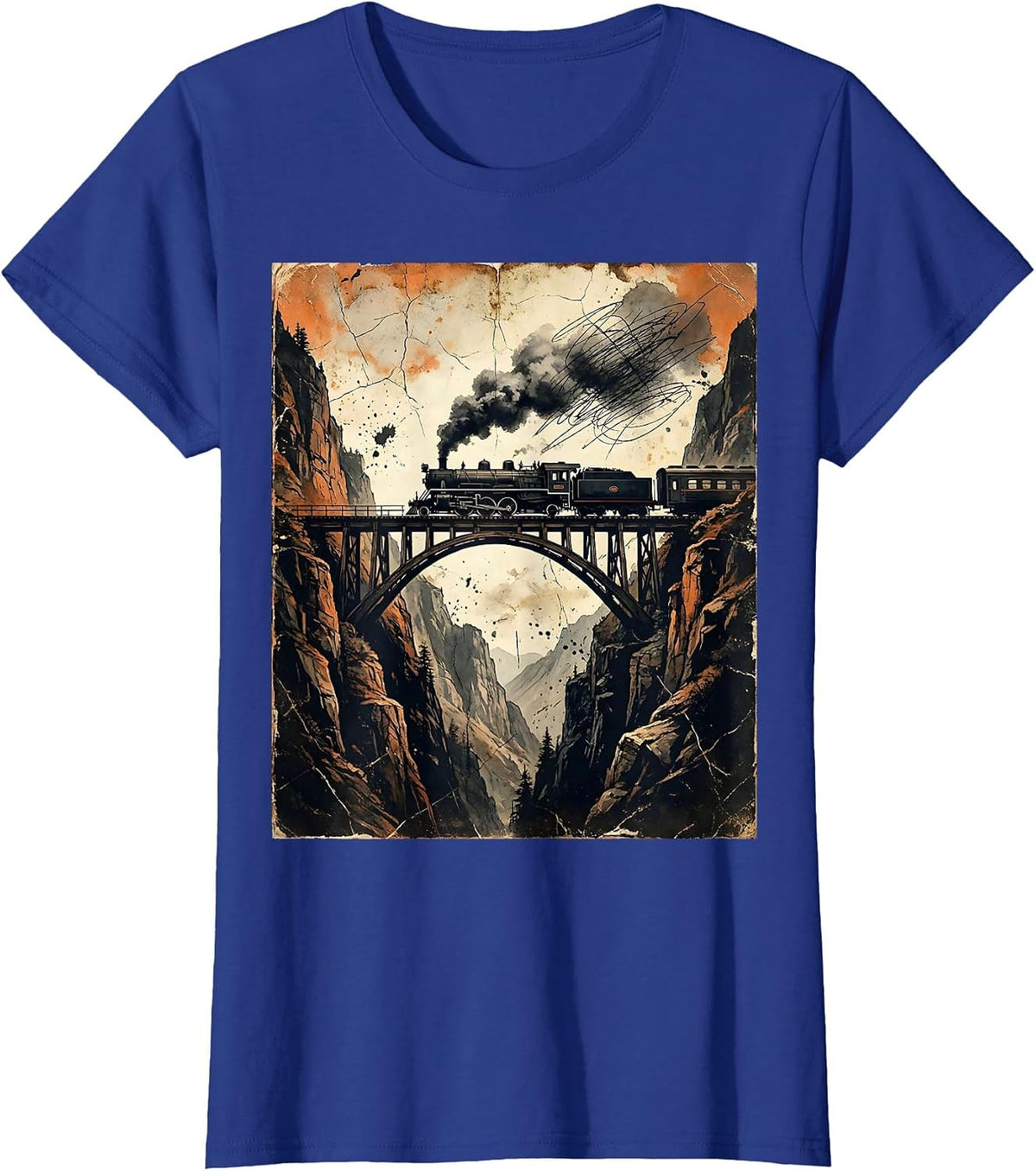 Women's Train Trestle Bridge Mountain Silhouette Graphic T-Shirt - Royal Blue